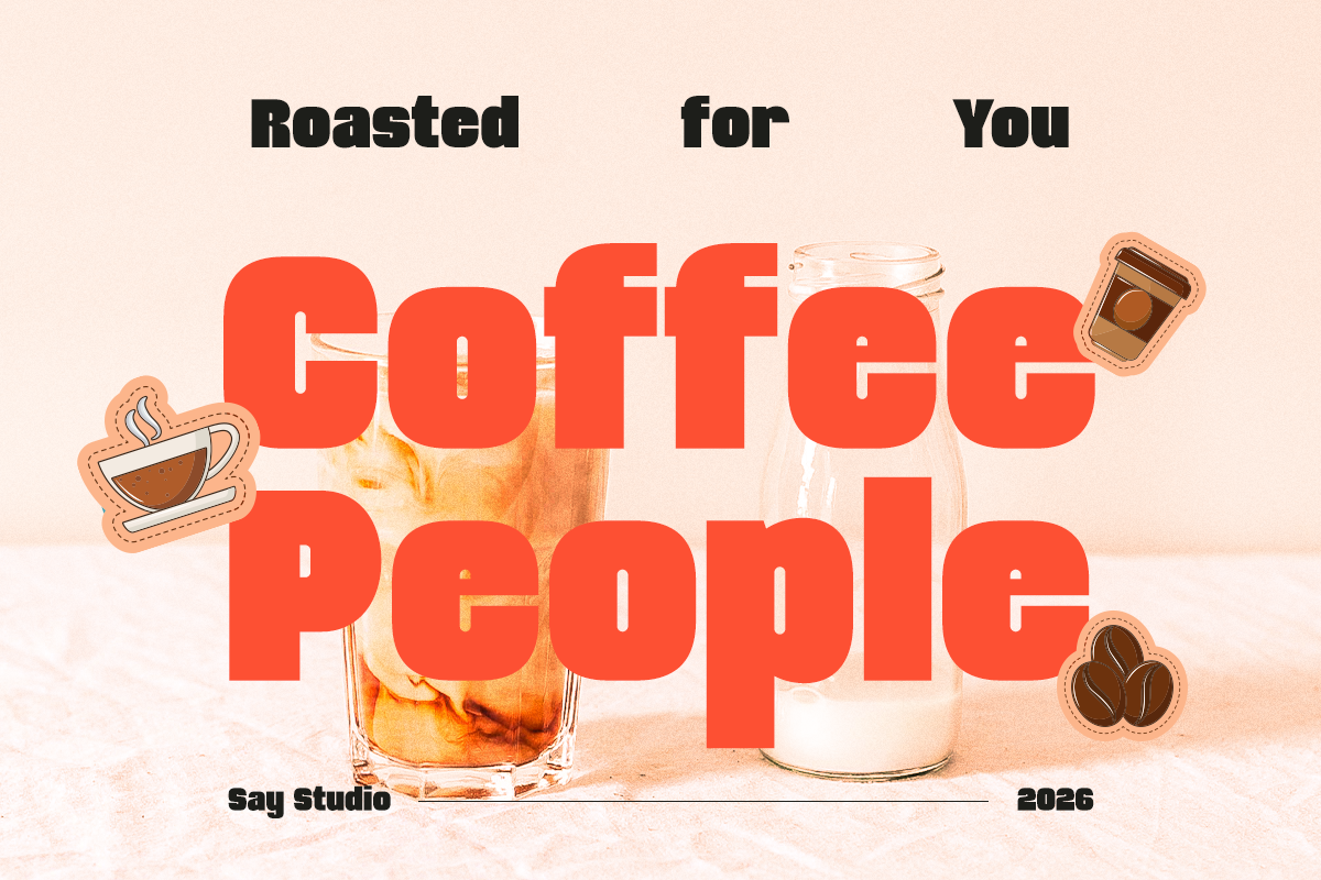 Oversized red typography with coffee cups, iced drink, cute sticker graphics on beige background