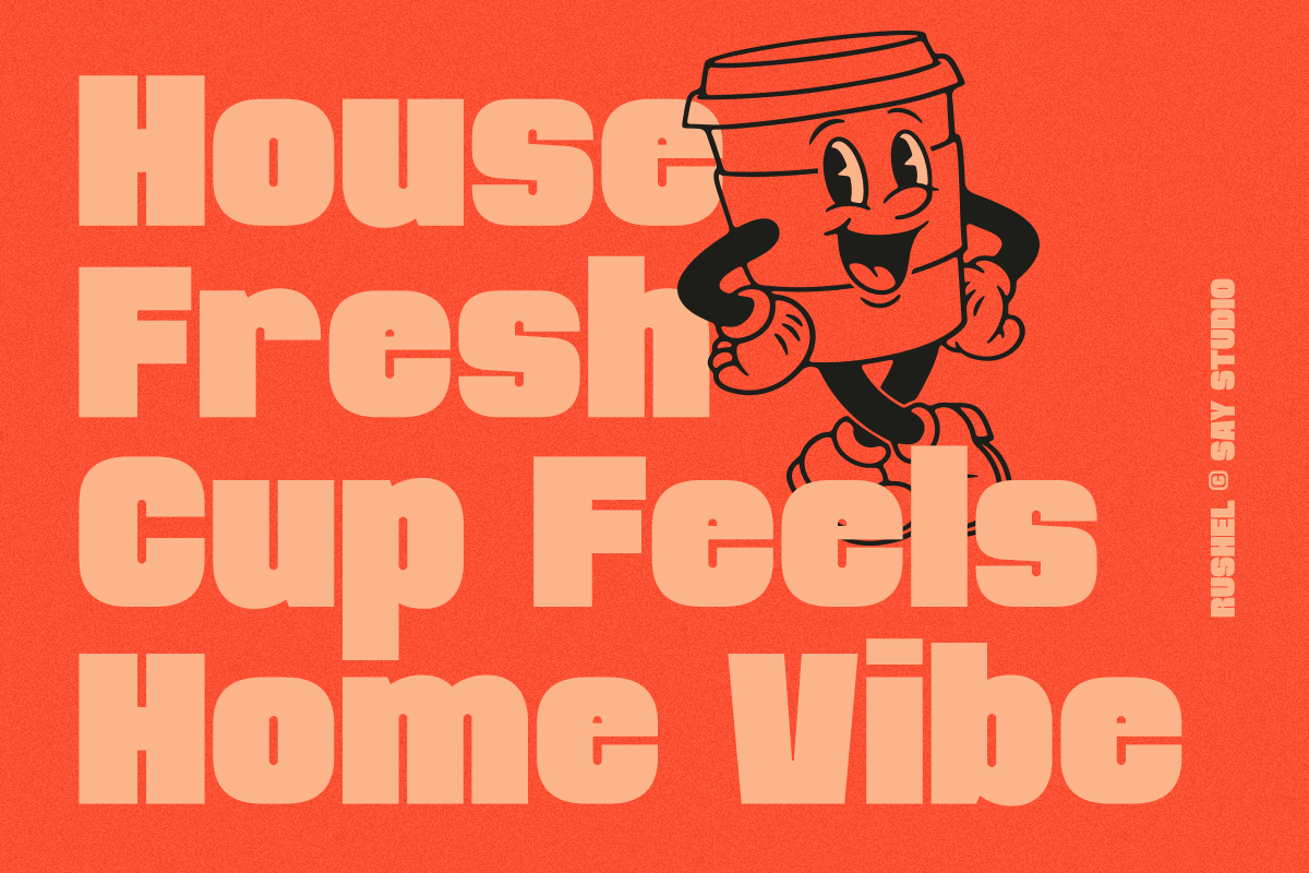 Retro coffee cup mascot with bold sans serif type on bright orange background