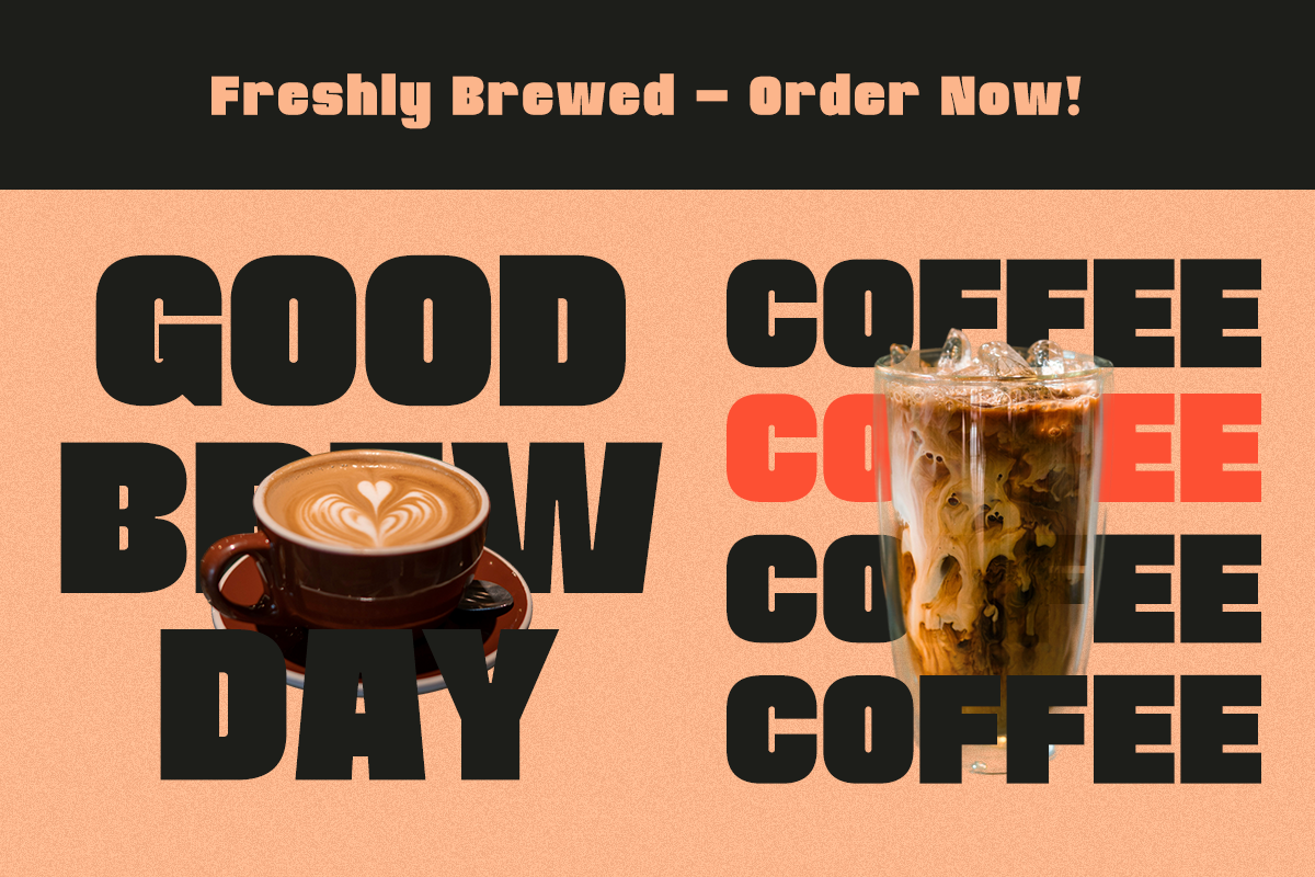 Good morning coffee shop poster with latte cup plus iced coffee glass on peach background