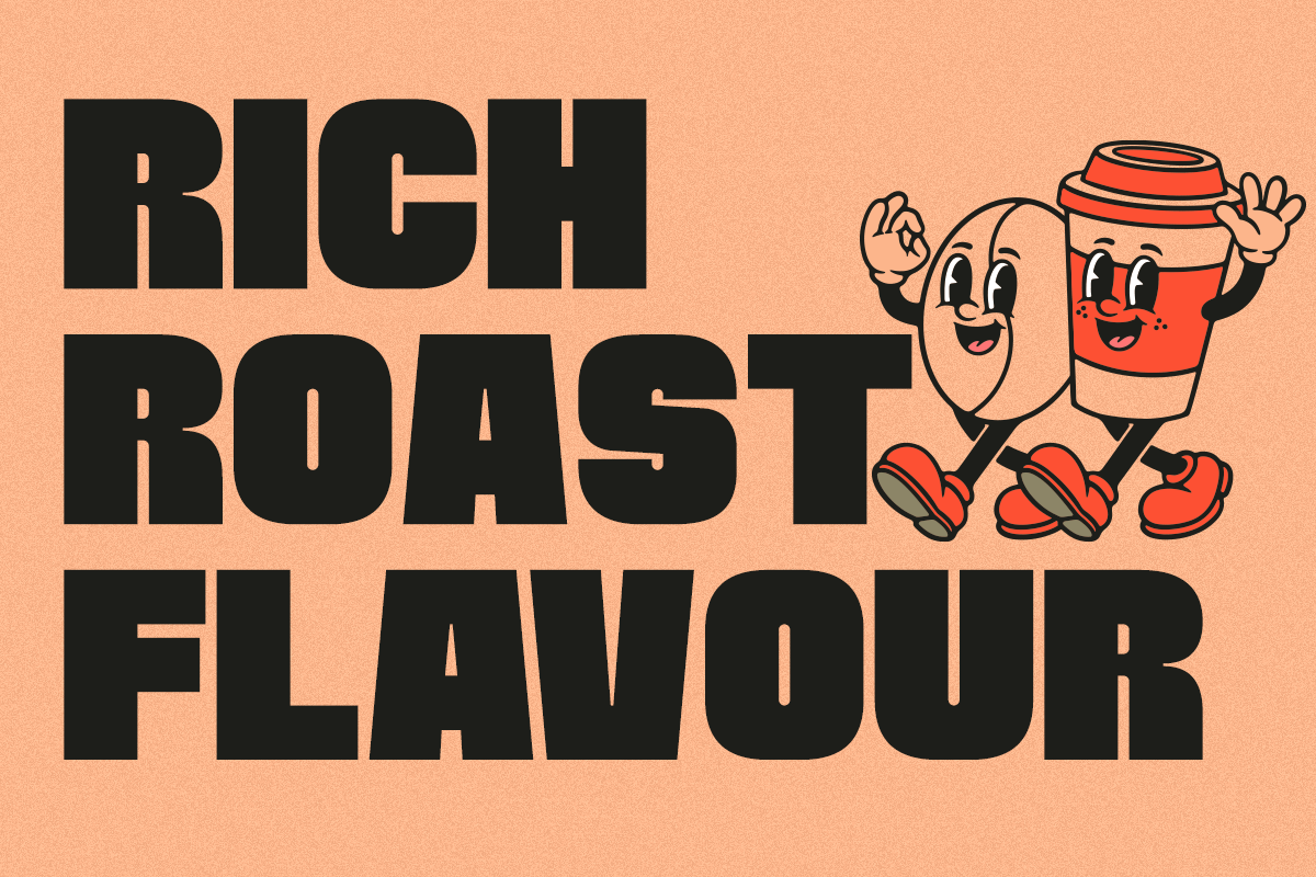 Retro cartoon coffee cup with bean character dancing on peachy background