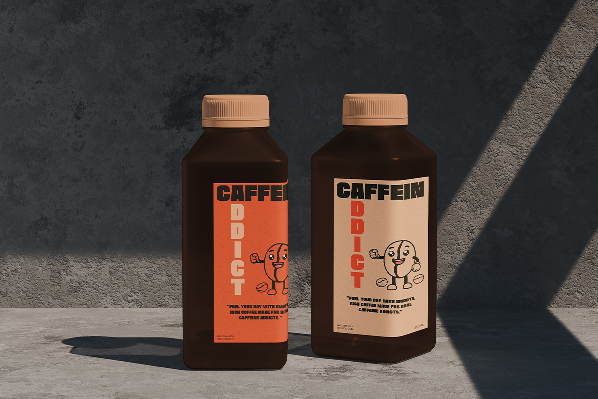Two dark glass bottles with copper caps showing retro caffeine drink labels in orange plus cream colorways with playful character illustrations