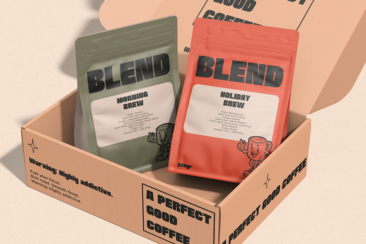 Coffee pouch mockup with olive green, coral red bags in cardboard shipping box with retro branding