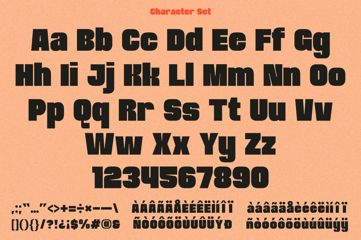 Bold sans serif typeface with full character set including uppercase, lowercase, numbers, punctuation marks on peachy background