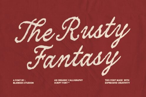 Rusty red background with cream script lettering spelling out "The Rusty Fantasy" font preview