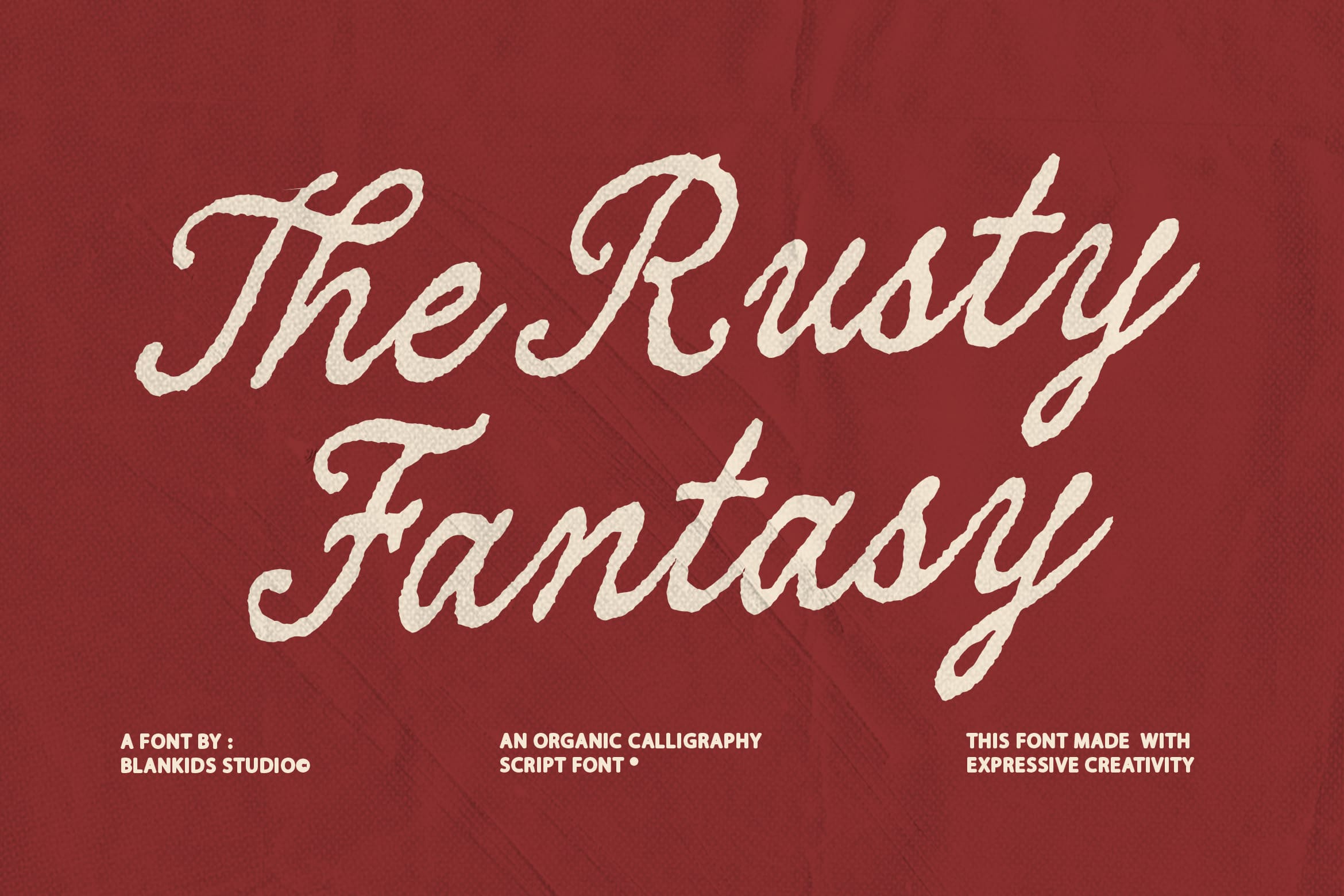 Rusty red background with cream script lettering spelling out "The Rusty Fantasy" font preview