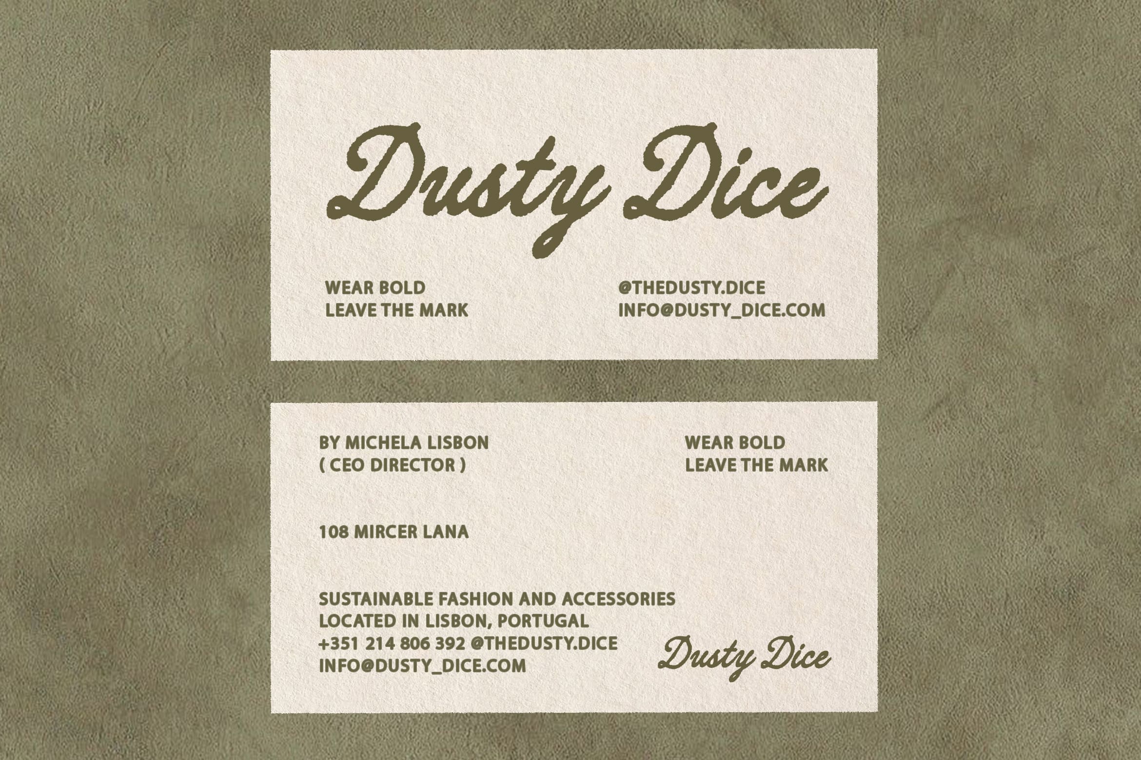 Business card mockup for Dusty Dice sustainable fashion brand in Lisbon