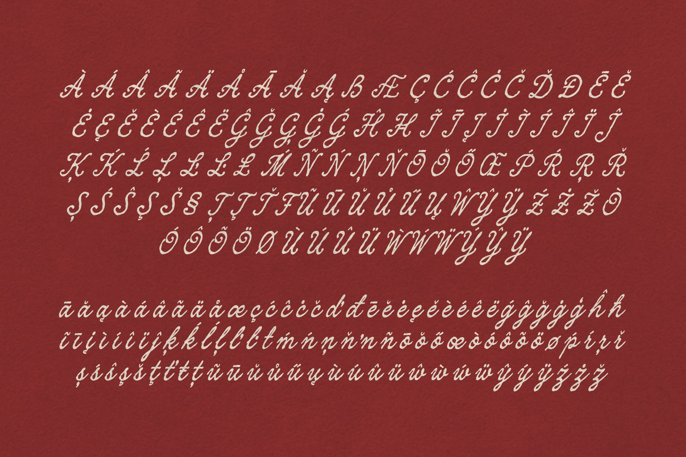 Elegant script font with international characters on deep burgundy background