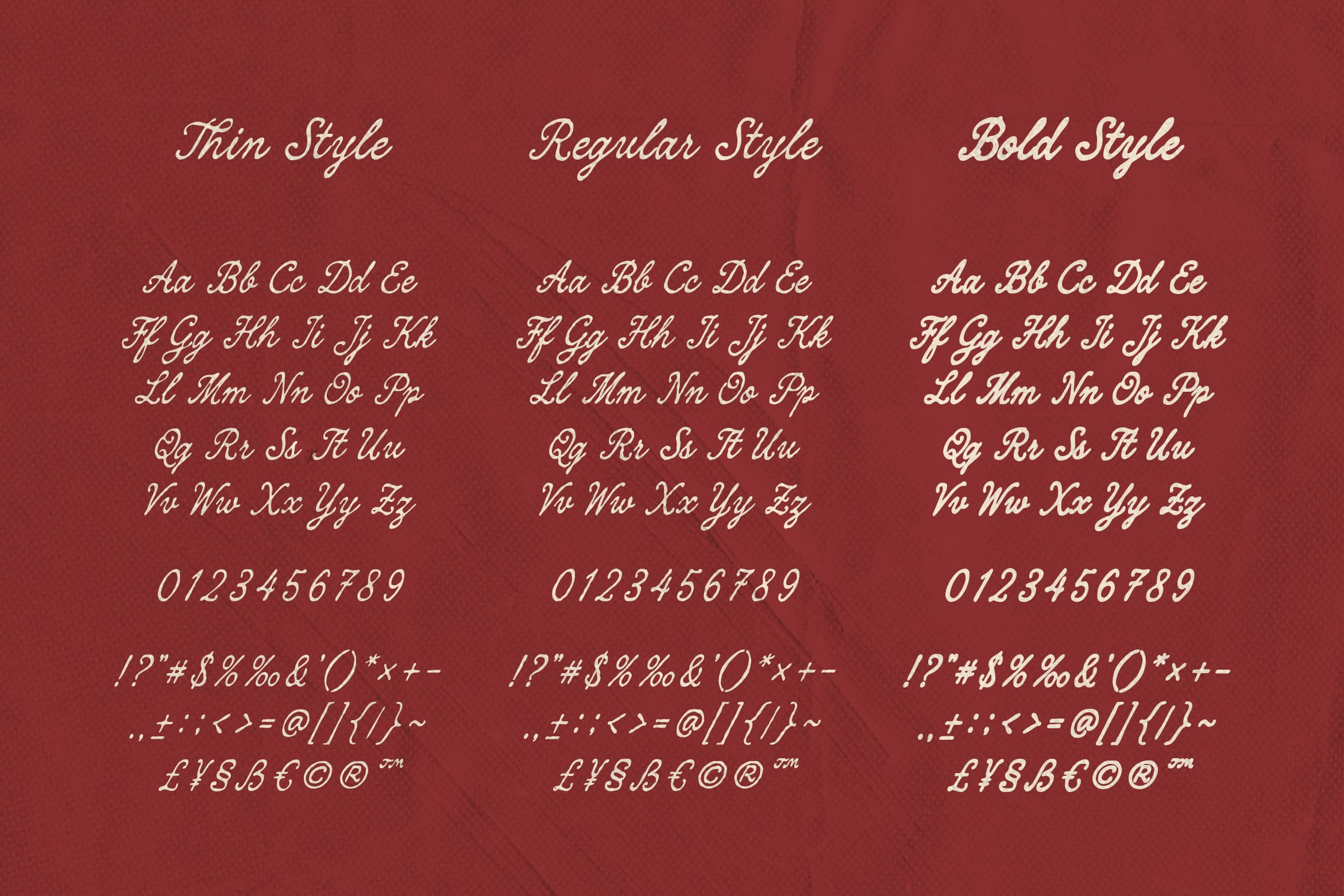 Elegant script font showing thin, regular, plus bold weights with full character set on deep red background