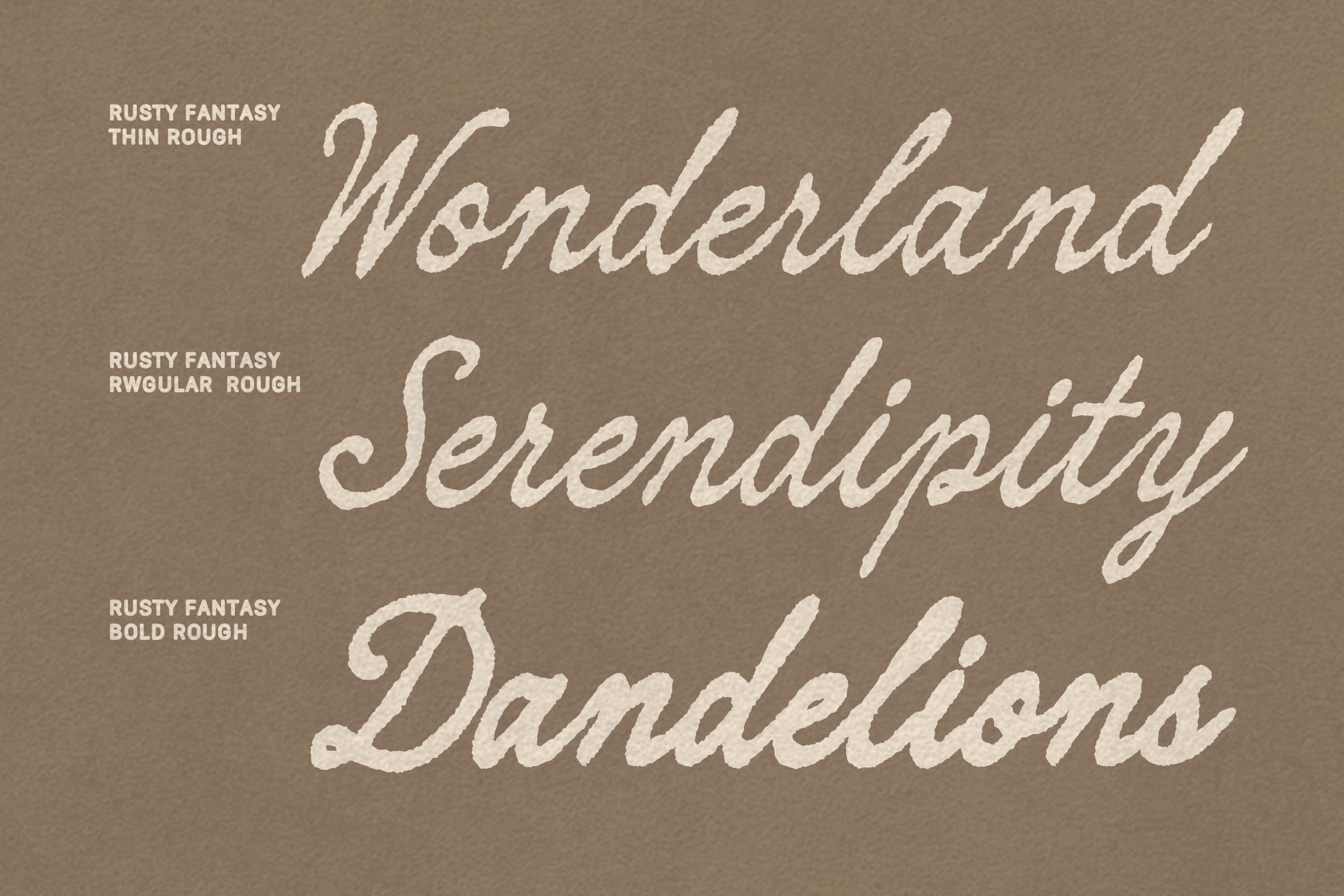 Rusty Fantasy font family showing thin, regular, bold weights in cream script on taupe background