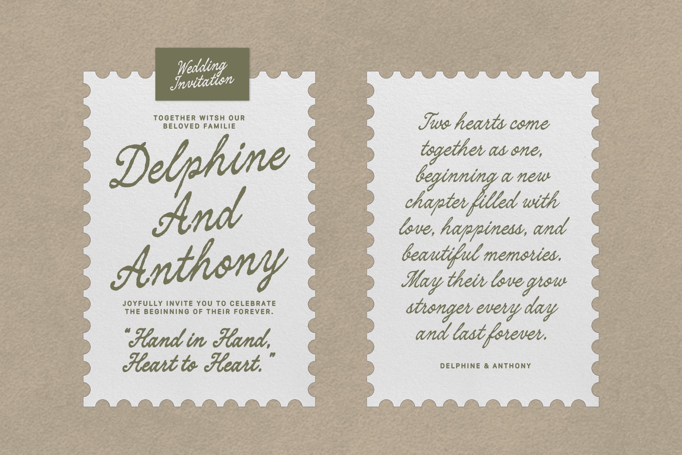Sage green wedding invitation mockup with stamp edges, front plus back sides shown side by side