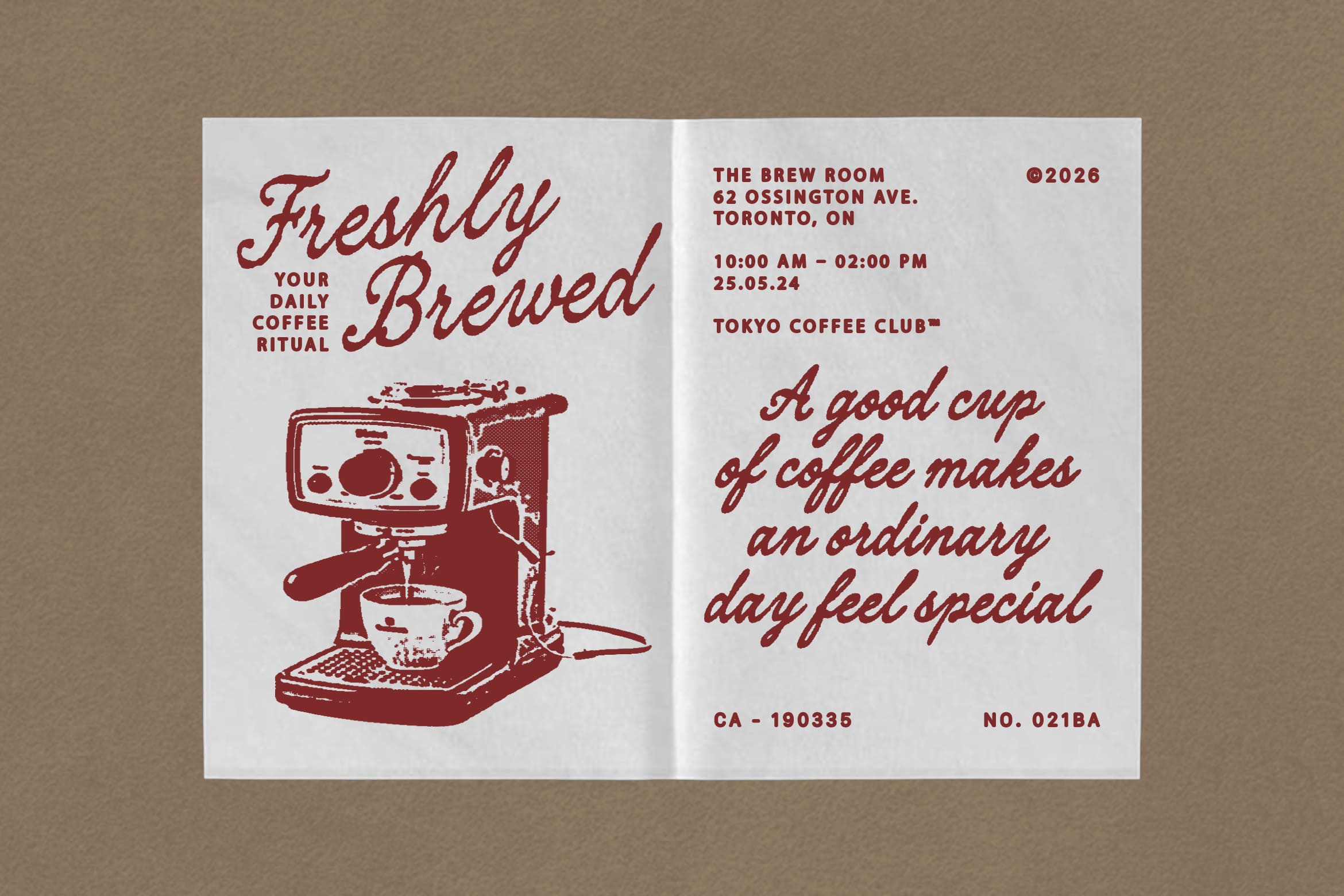 Opened bifold coffee shop flyer mockup in burgundy with espresso machine illustration