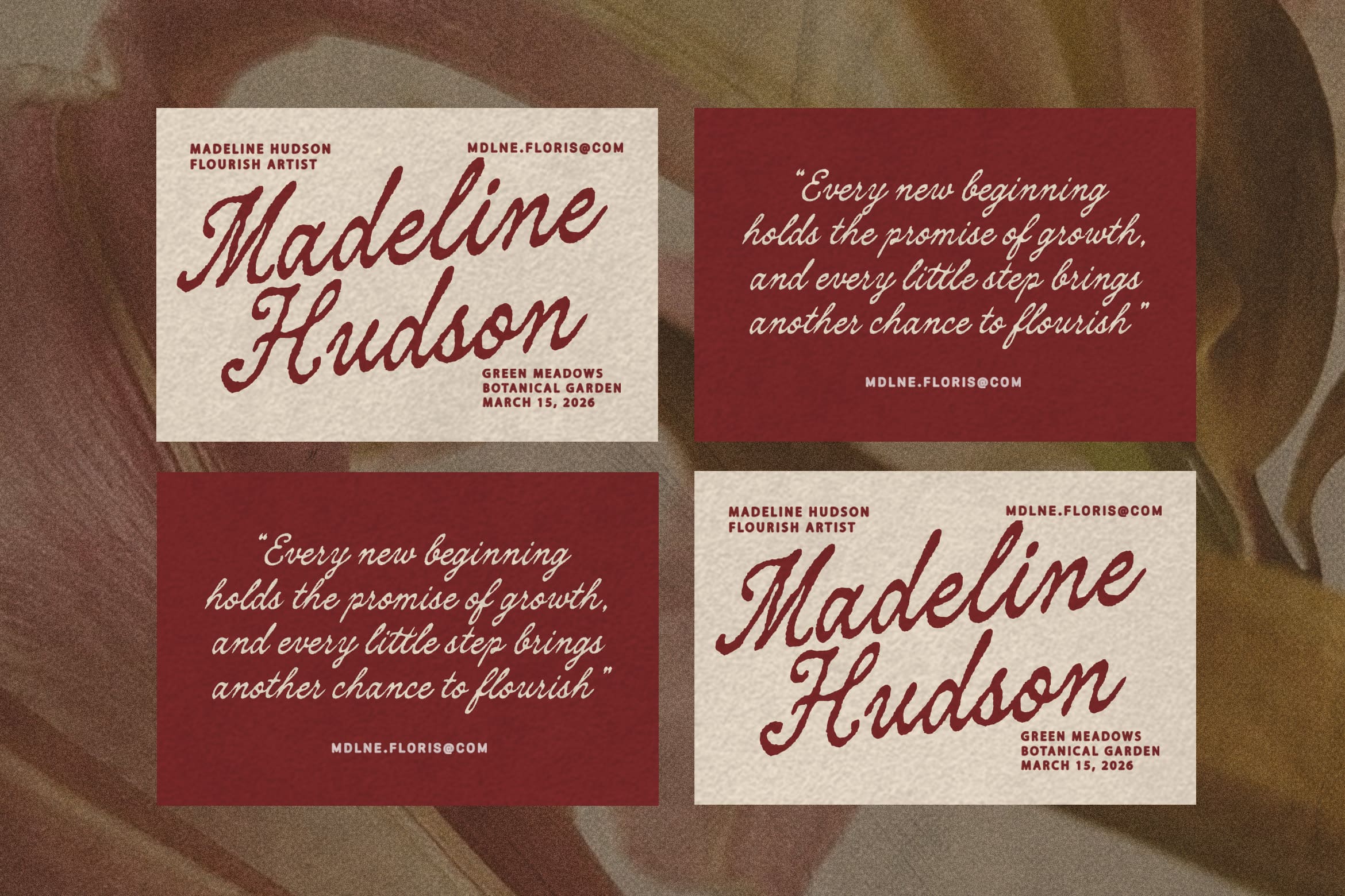 Business card mockup in cream, burgundy with script typography for Madeline Hudson flourish artist