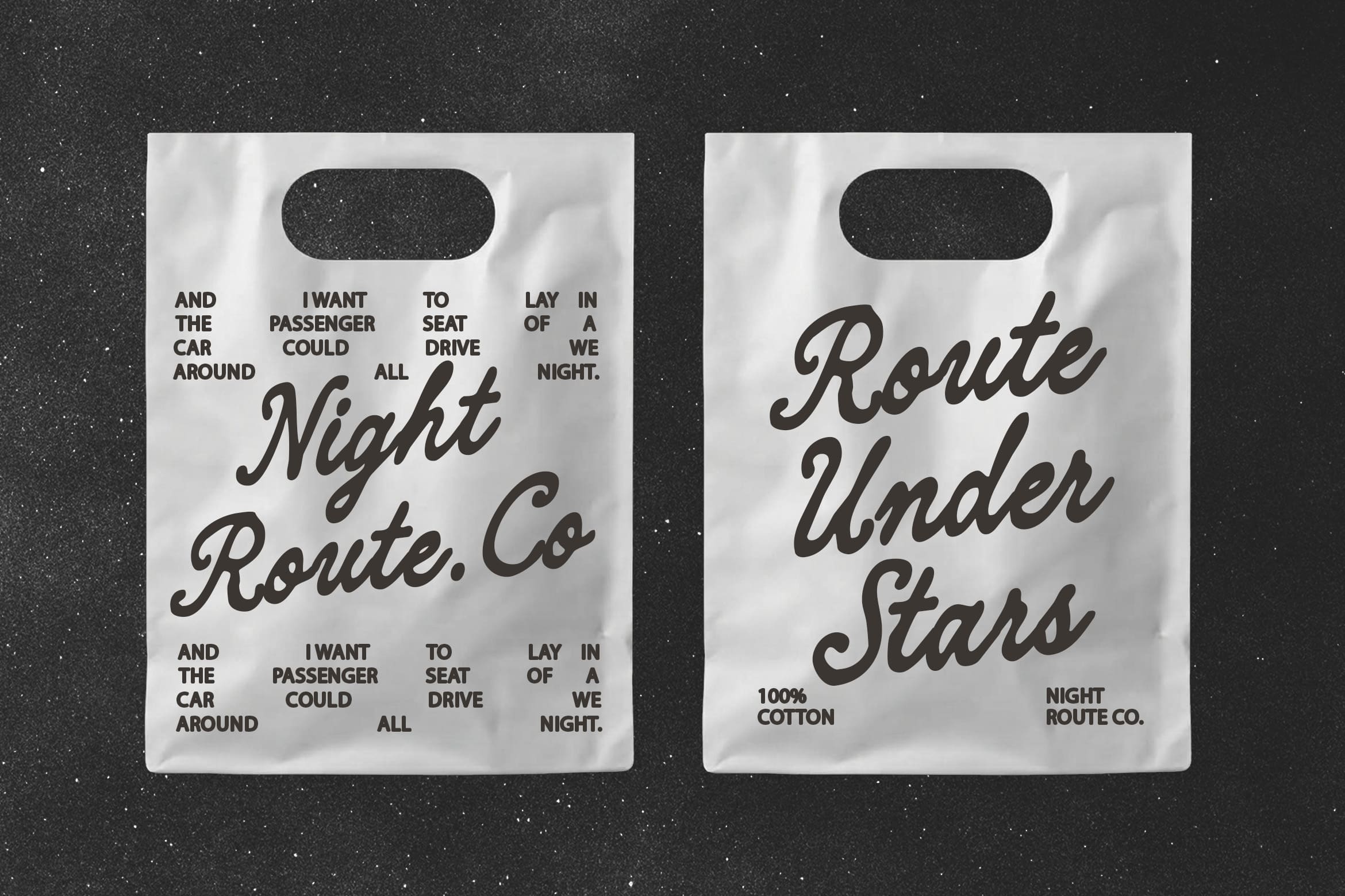 Two white hang tags with black text featuring Night Route Co branding, starry background