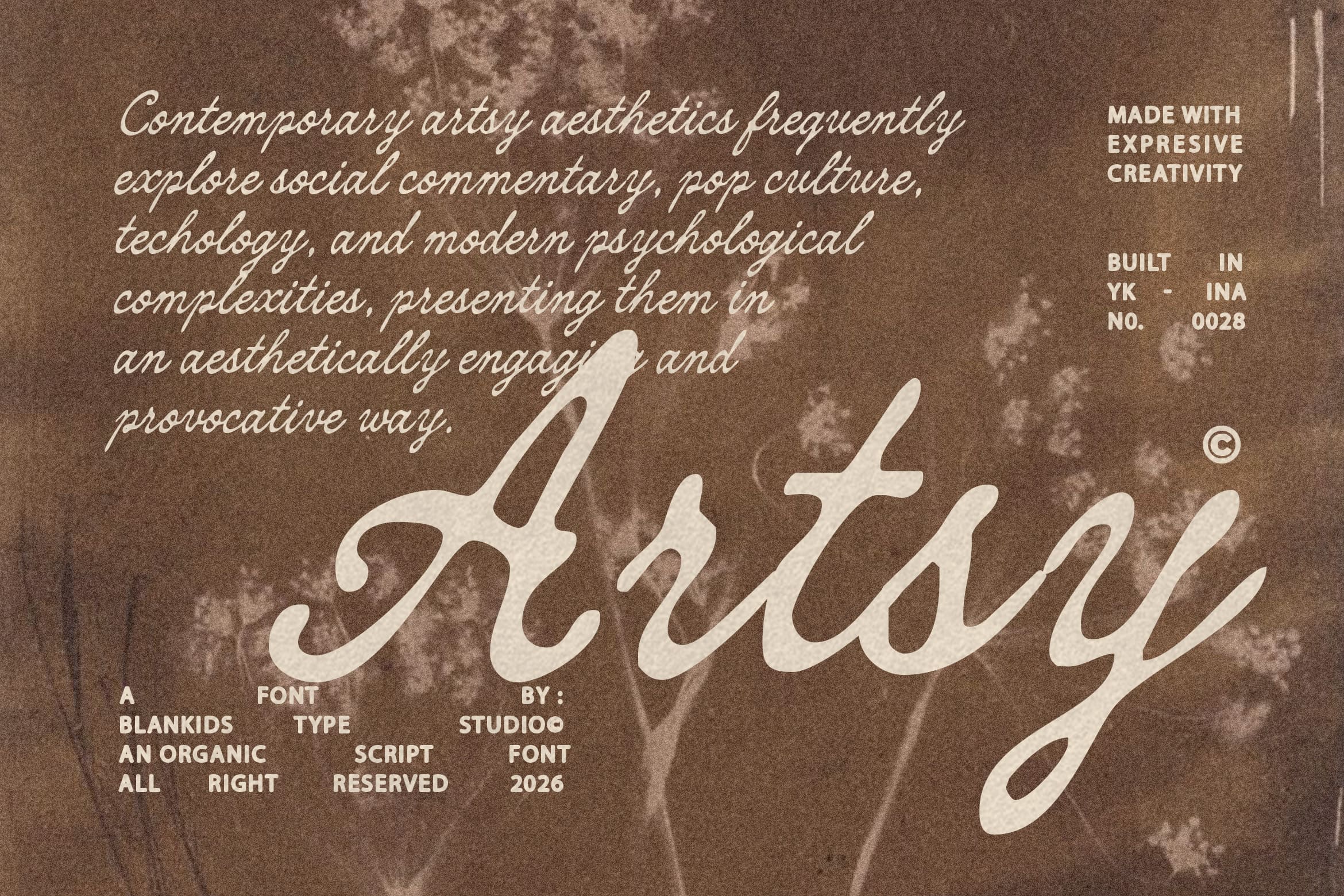 Shilly script font in cream on moody brown textured background with contemporary design details