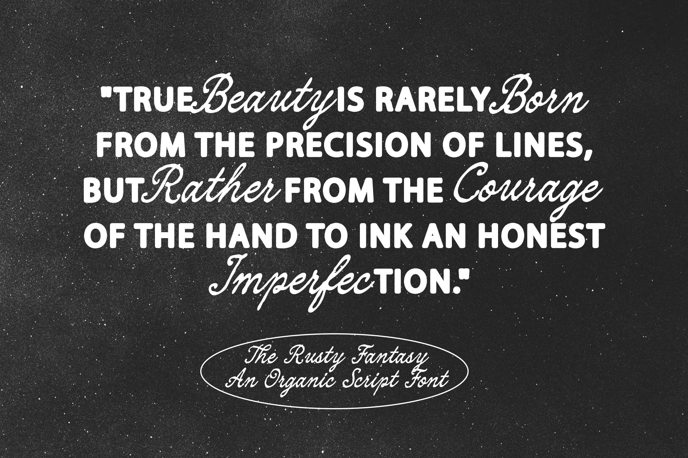 Rusty Fantasy script font with inspirational beauty quote on textured dark background