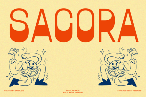 Sagora font display with cheerful retro cartoon characters holding basketballs on soft yellow background