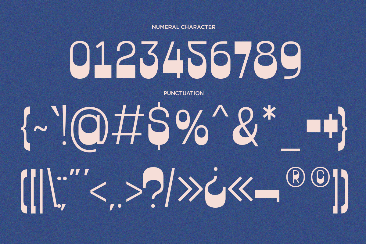Modern sans serif font showing numerals 0-9 plus punctuation marks on deep blue background