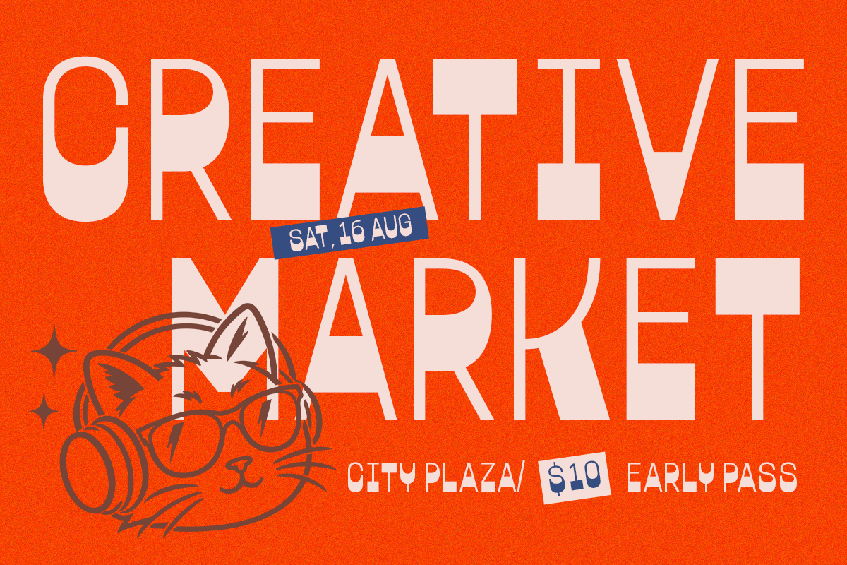 Vibrant orange poster with bold cream text reading "Creative Market" plus event details, lucky cat illustration