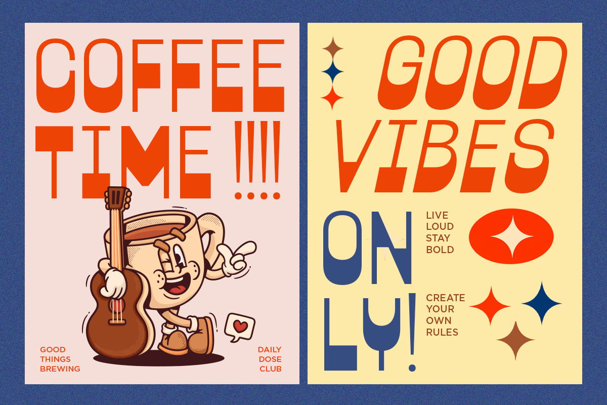 Coffee time retro poster with groovy character holding guitar next to good vibes motivational print