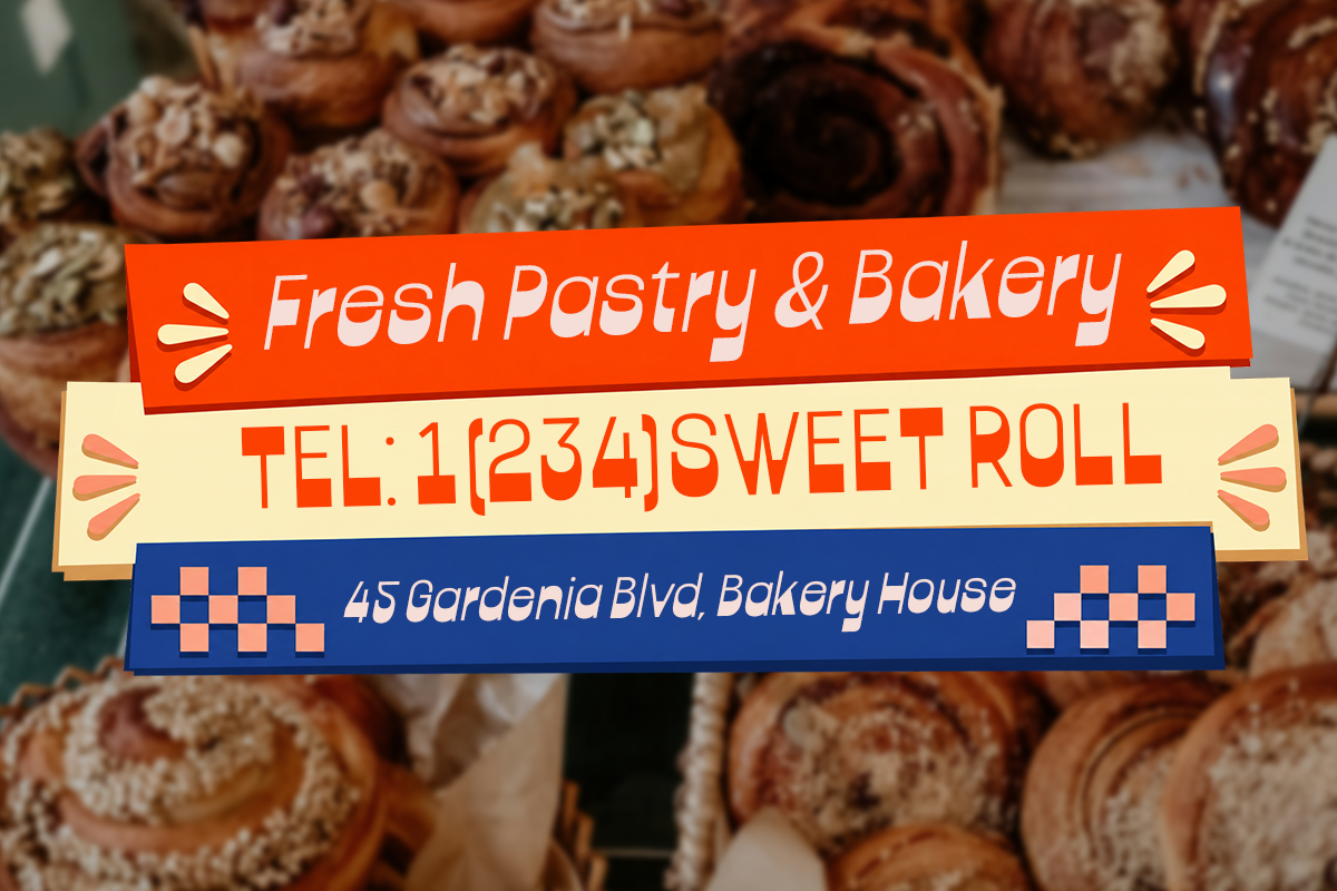 Retro bakery sign mockup with orange, cream, plus blue banners over cinnamon rolls background