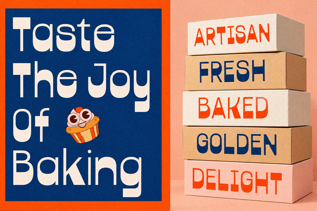 Retro bakery poster with stacked box mockup showing artisan fresh baked golden delight text