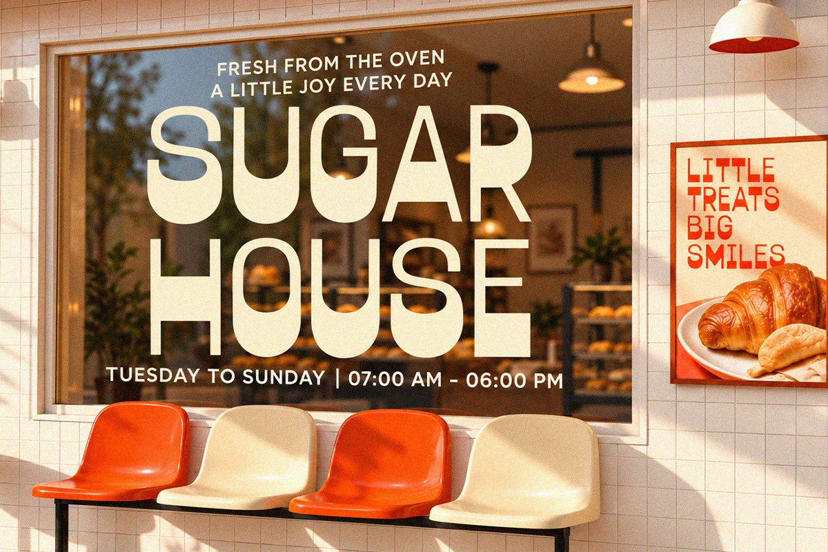Sugar House bakery storefront window with cream tiles, red orange seating, warm pendant lights