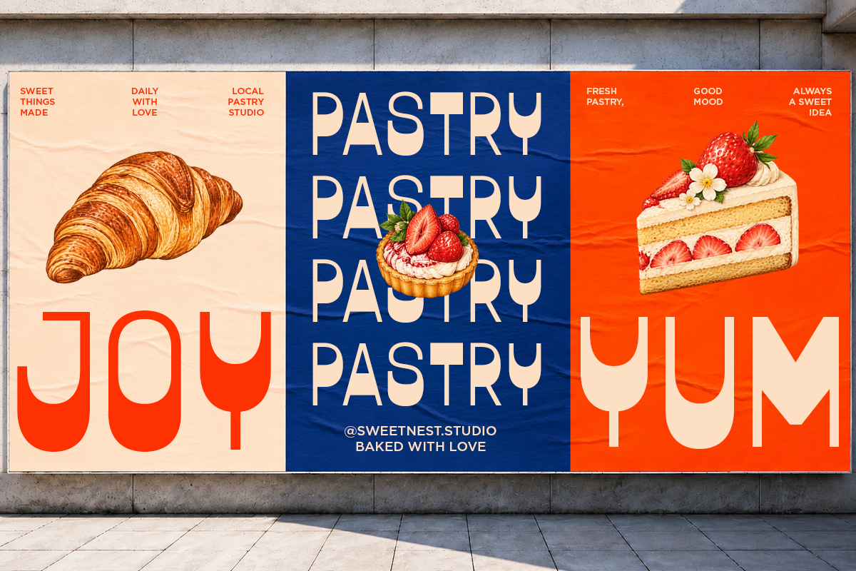 Colorful bakery storefront mockup with croissant, cake, bold typography on beige, navy, orange panels