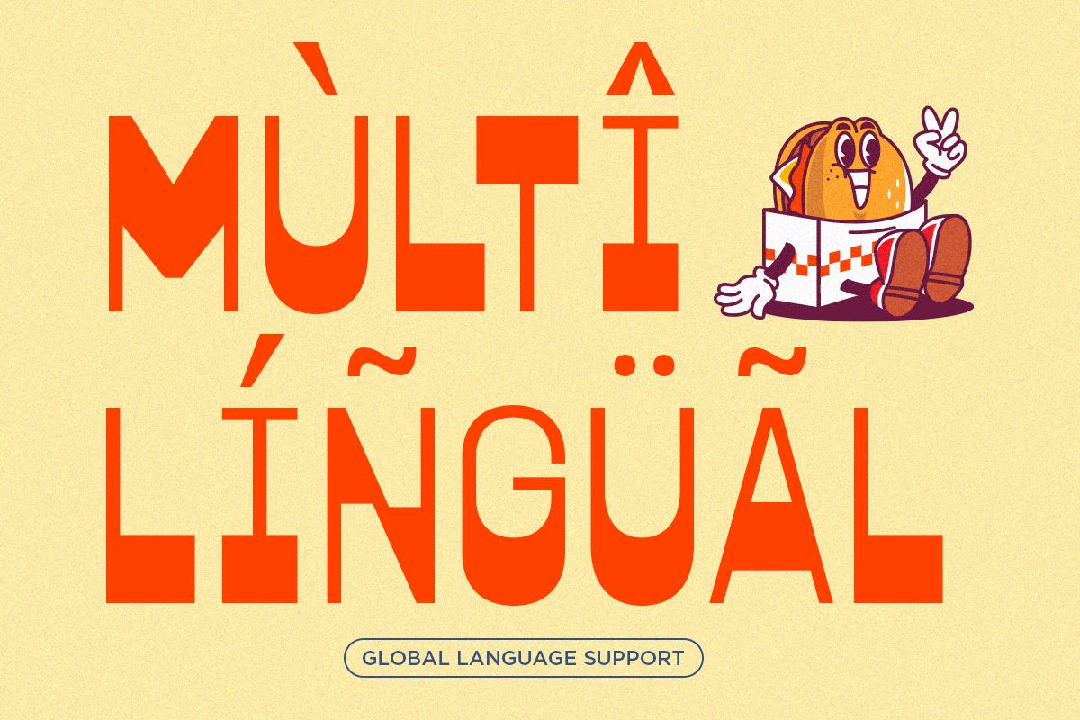 Retro orange typography saying "Multi-Lingual" with cheerful cartoon character on cream background