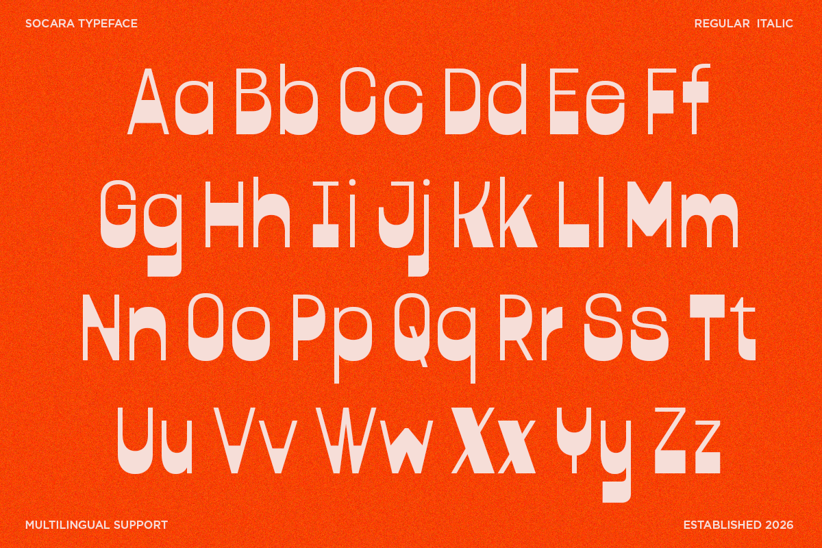 Socara typeface full character set in regular italic on bright orange background