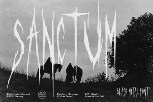 Moody black metal font specimen with dripping letters over silhouetted figures in a gothic landscape setting