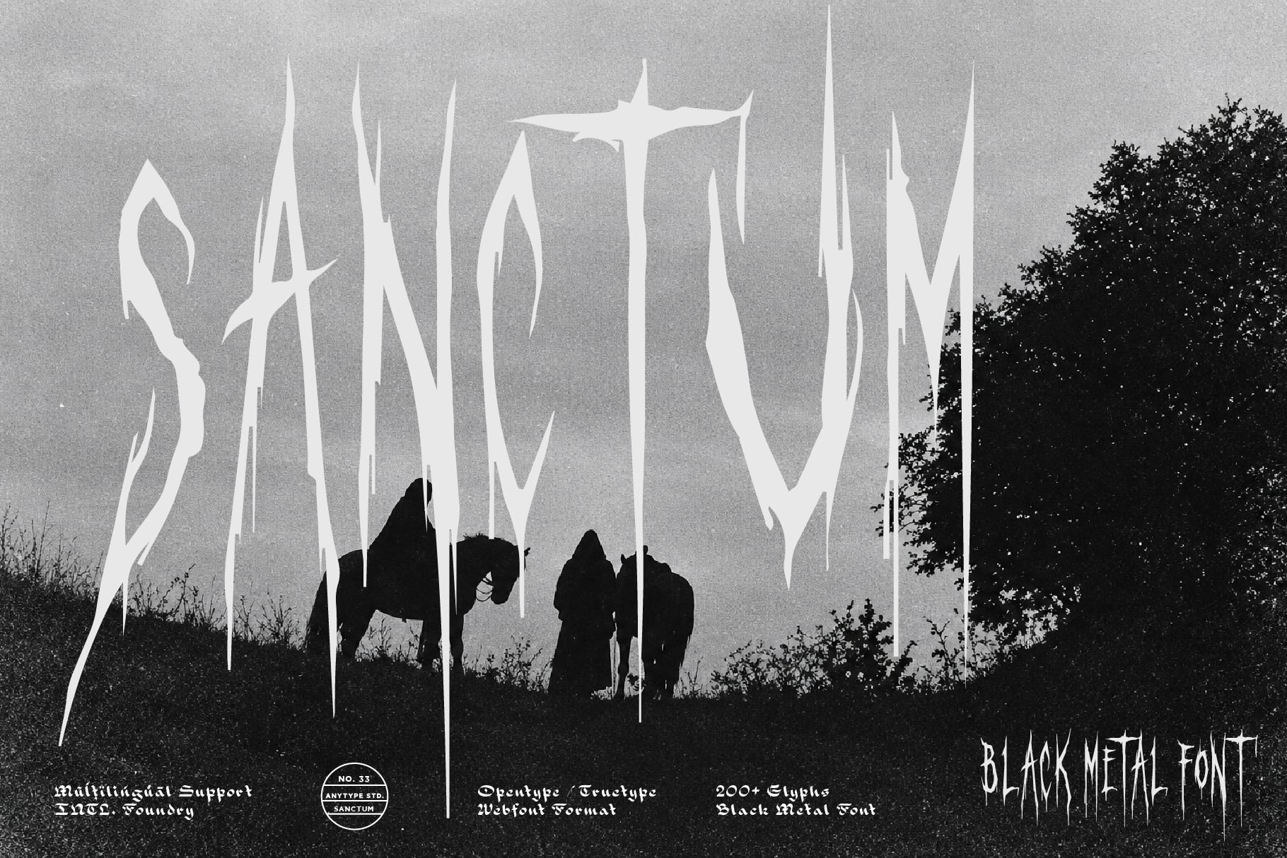 Moody black metal font specimen with dripping letters over silhouetted figures in a gothic landscape setting