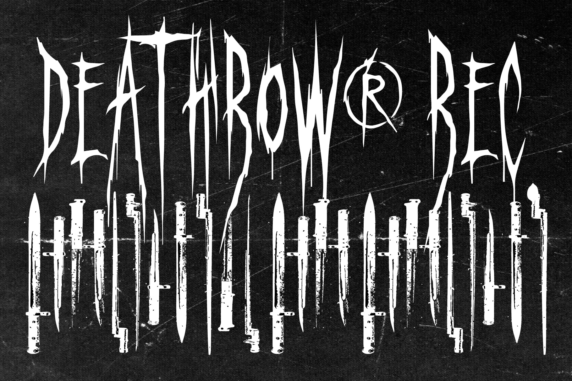 Deathrow Beat metal band logo with jagged lettering over distressed weapons graphic