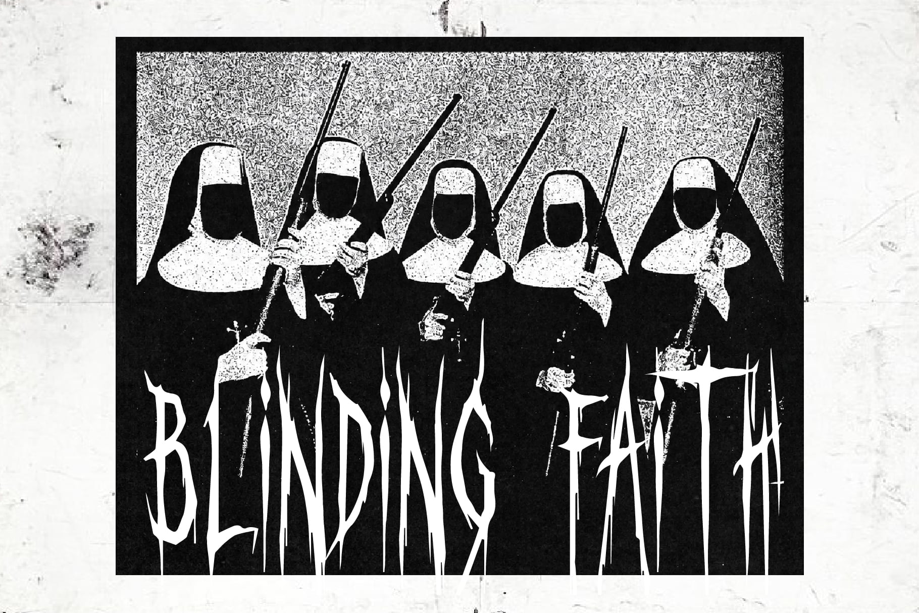 Gritty black metal band poster with five robed figures holding axes, grainy texture, bold gothic lettering below