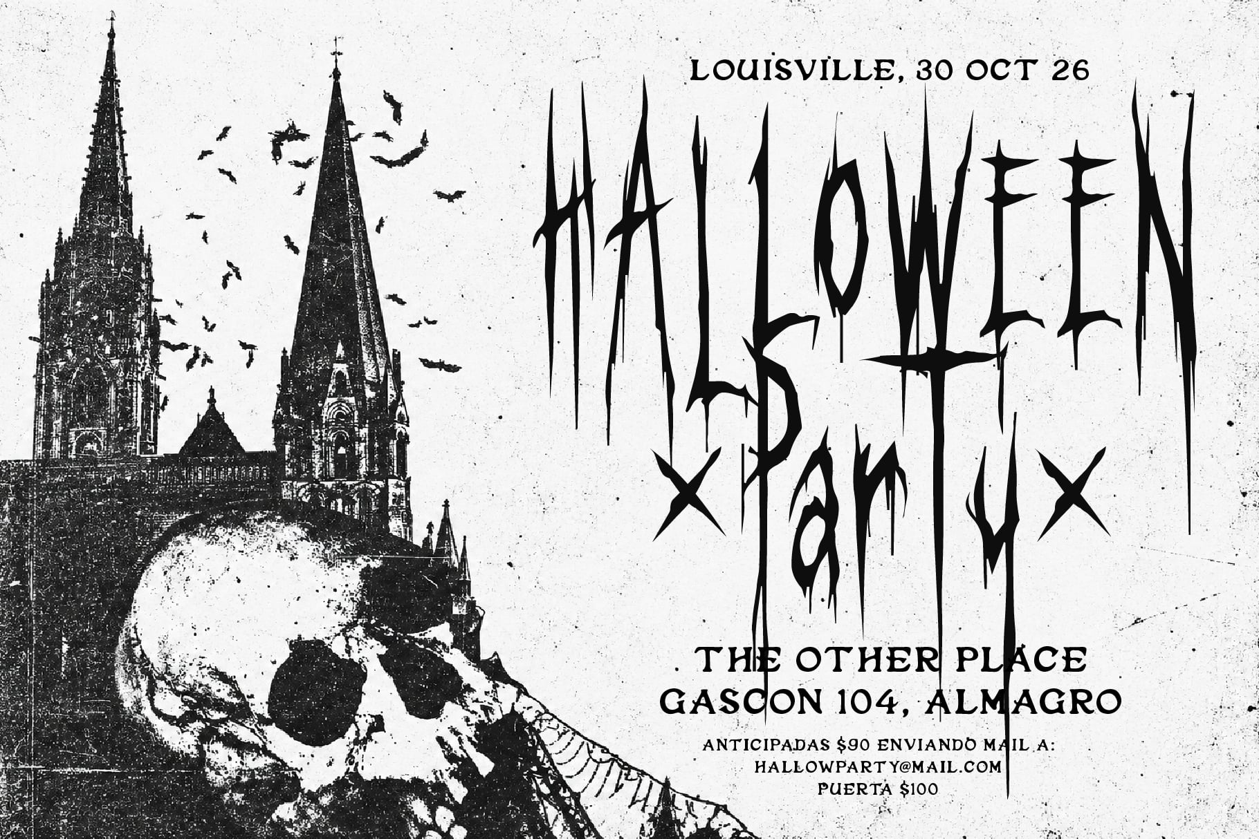 Grungy Halloween event flyer with gothic cathedral, skull, bats, spiked text, distressed texture
