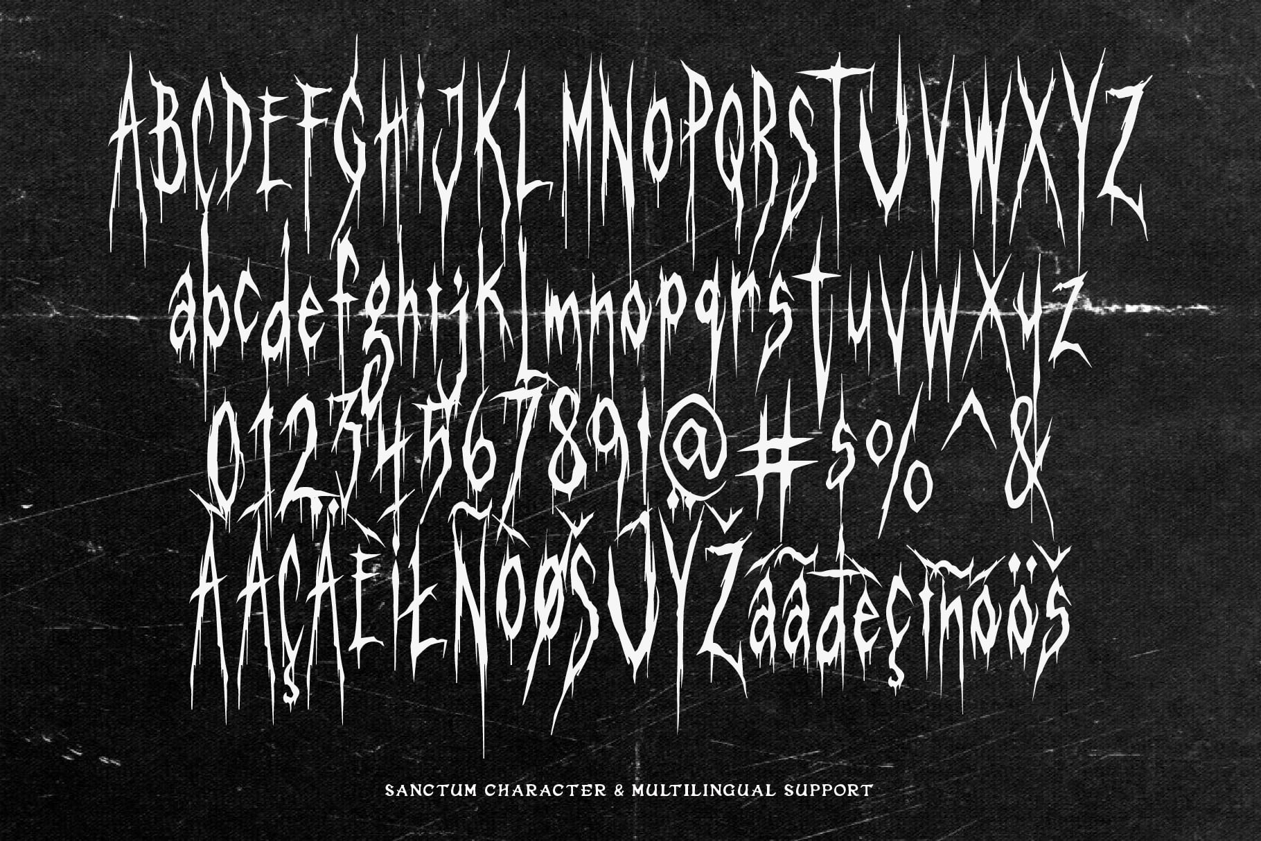Sanctum Character font displaying full alphabet, numbers, symbols on distressed dark background