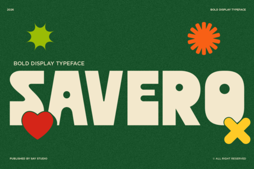 Savero bold typeface with colorful geometric shapes on forest green background