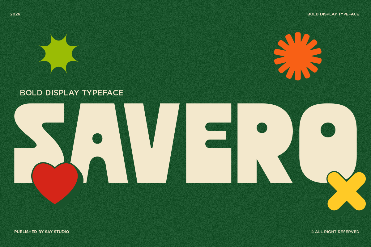 Savero bold typeface with colorful geometric shapes on forest green background