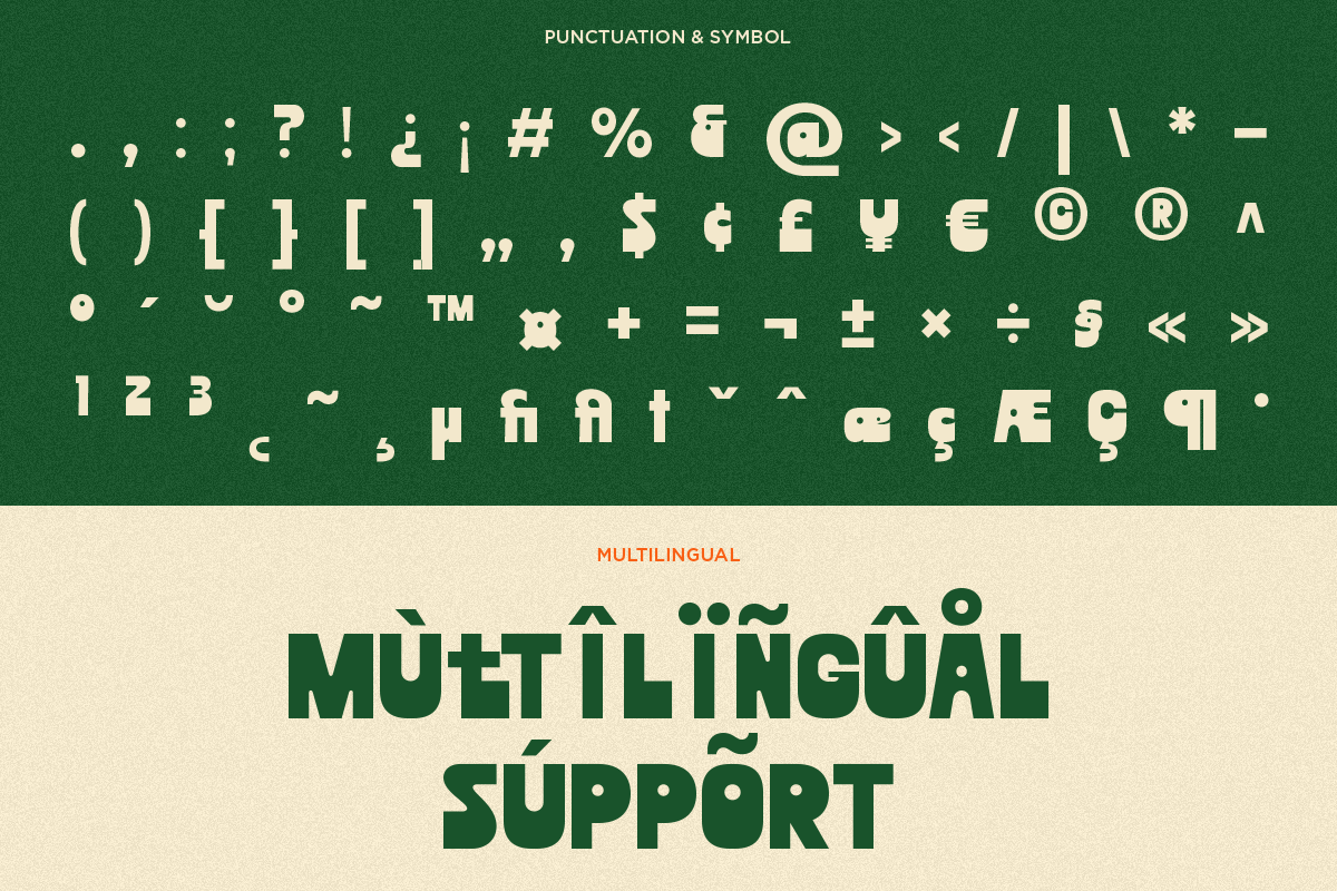 Font character set showing punctuation, symbols, numbers, plus multilingual accents on green background