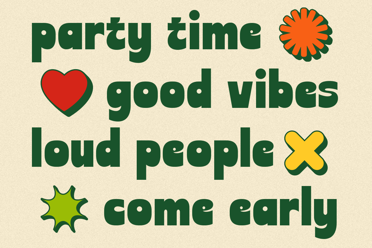 Retro party poster with bold green text, red heart, orange flower, yellow X, lime starburst on cream background