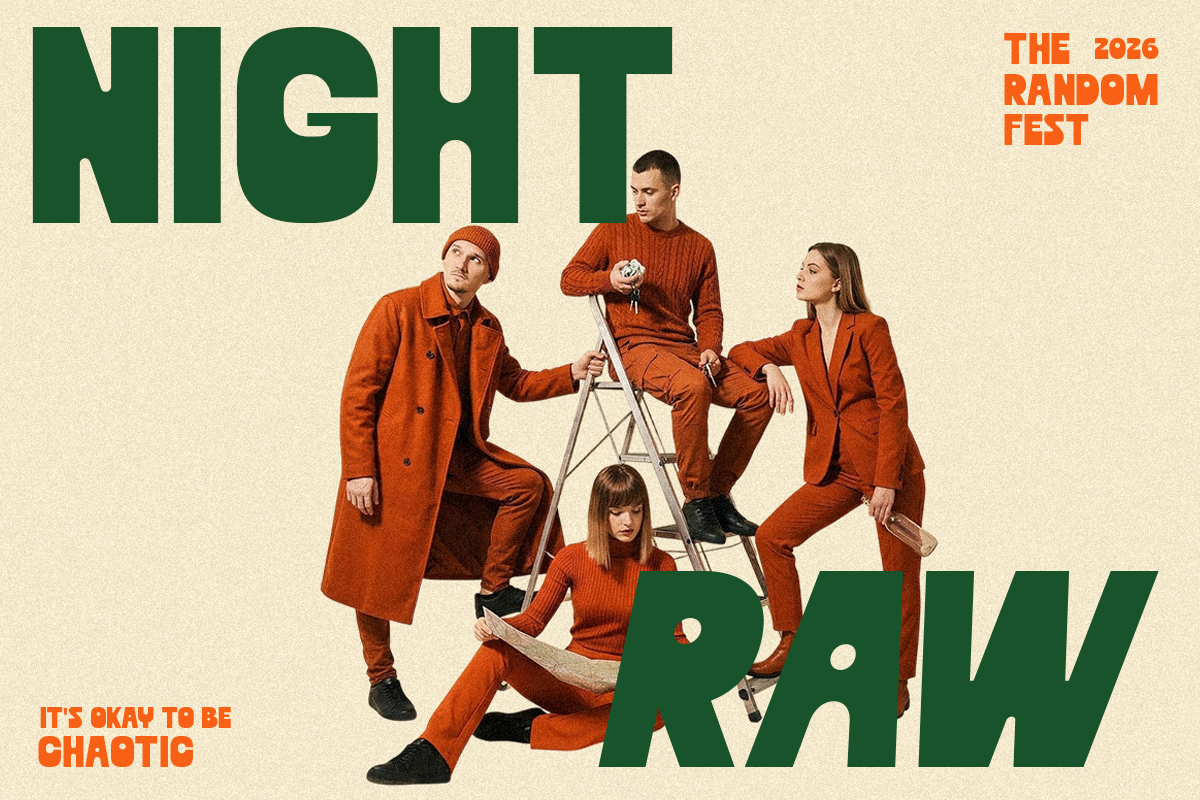 Four people in burnt orange outfits posing with a ladder on cream background