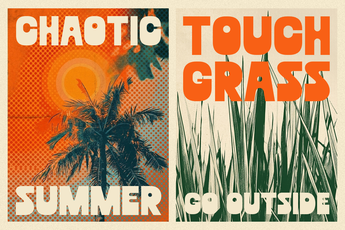 Retro poster pair with bold orange halftone palm tree next to vintage green grass illustration on cream background