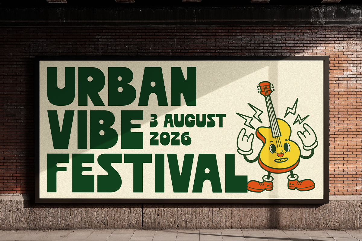 Retro poster with bold green type saying Urban Vibe Festival, smiling guitar character in yellow