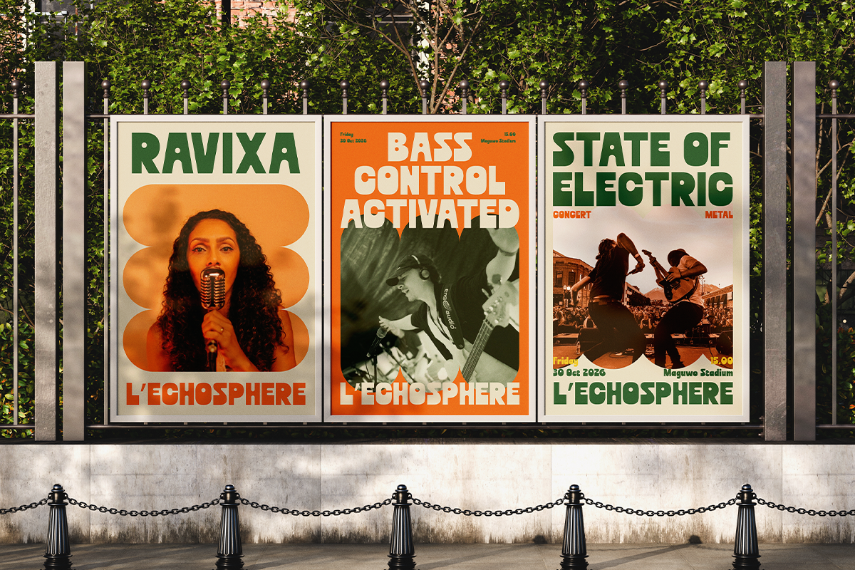 Retro concert posters hung on fence with ivy backdrop, bold typography in orange, green, cream