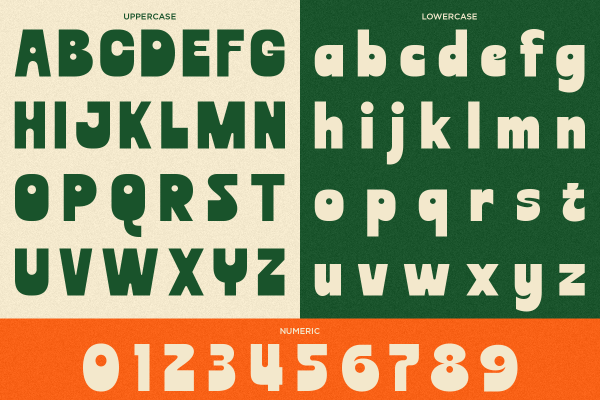 Bold rounded sans typeface showing uppercase, lowercase, plus numbers in forest green with cream accents