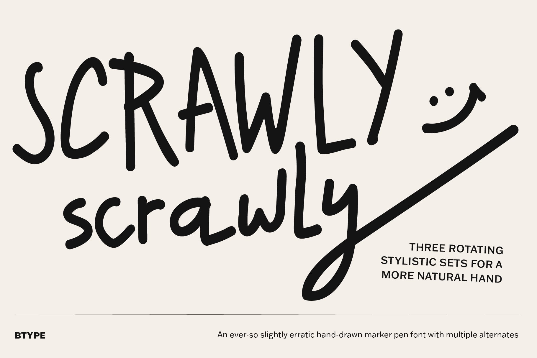Hand-drawn marker pen font with three rotating stylistic sets for organic imperfect lettering vibes