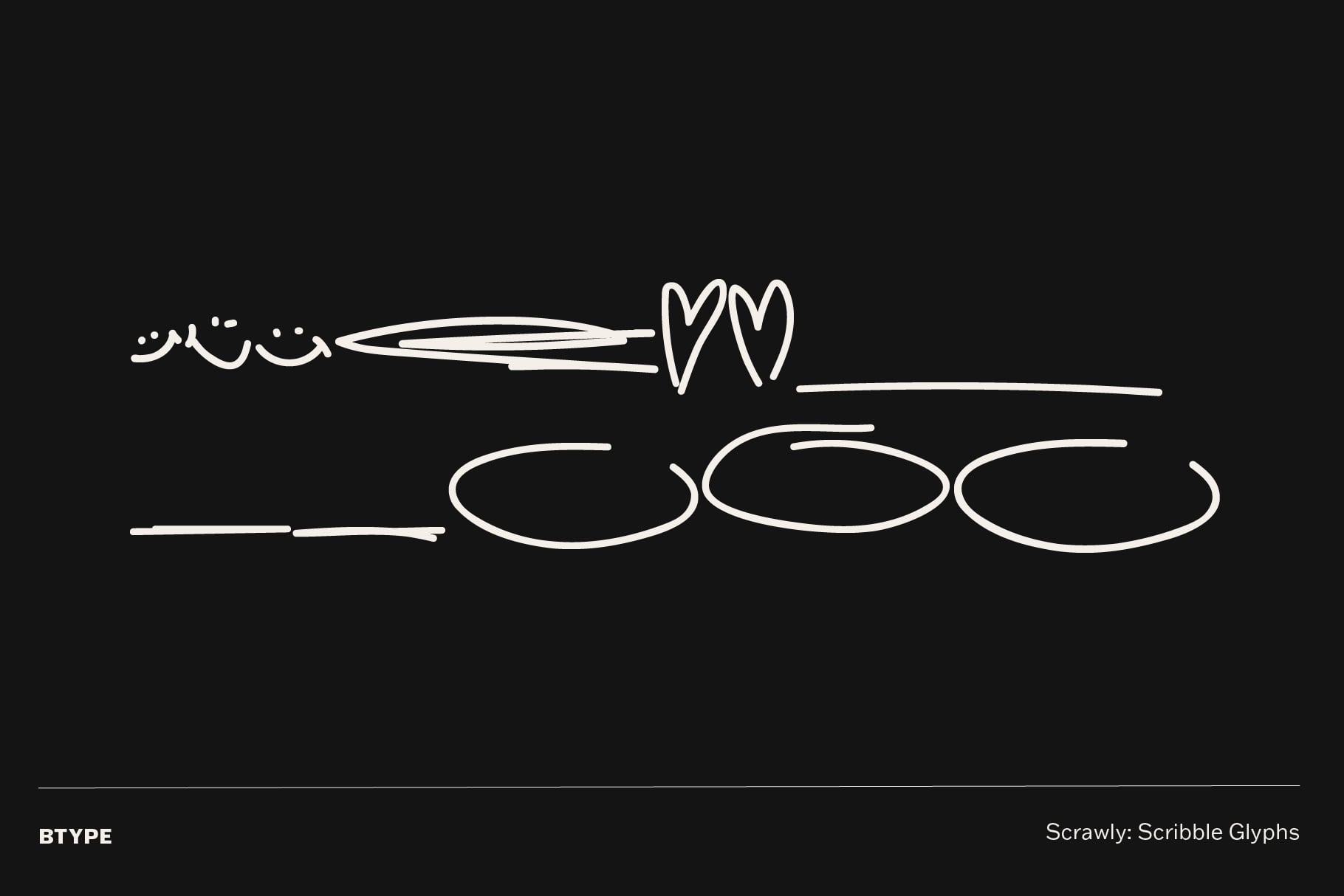 Scrawly hand-drawn font glyphs showing doodles, hearts, smiley faces, ovals on black background