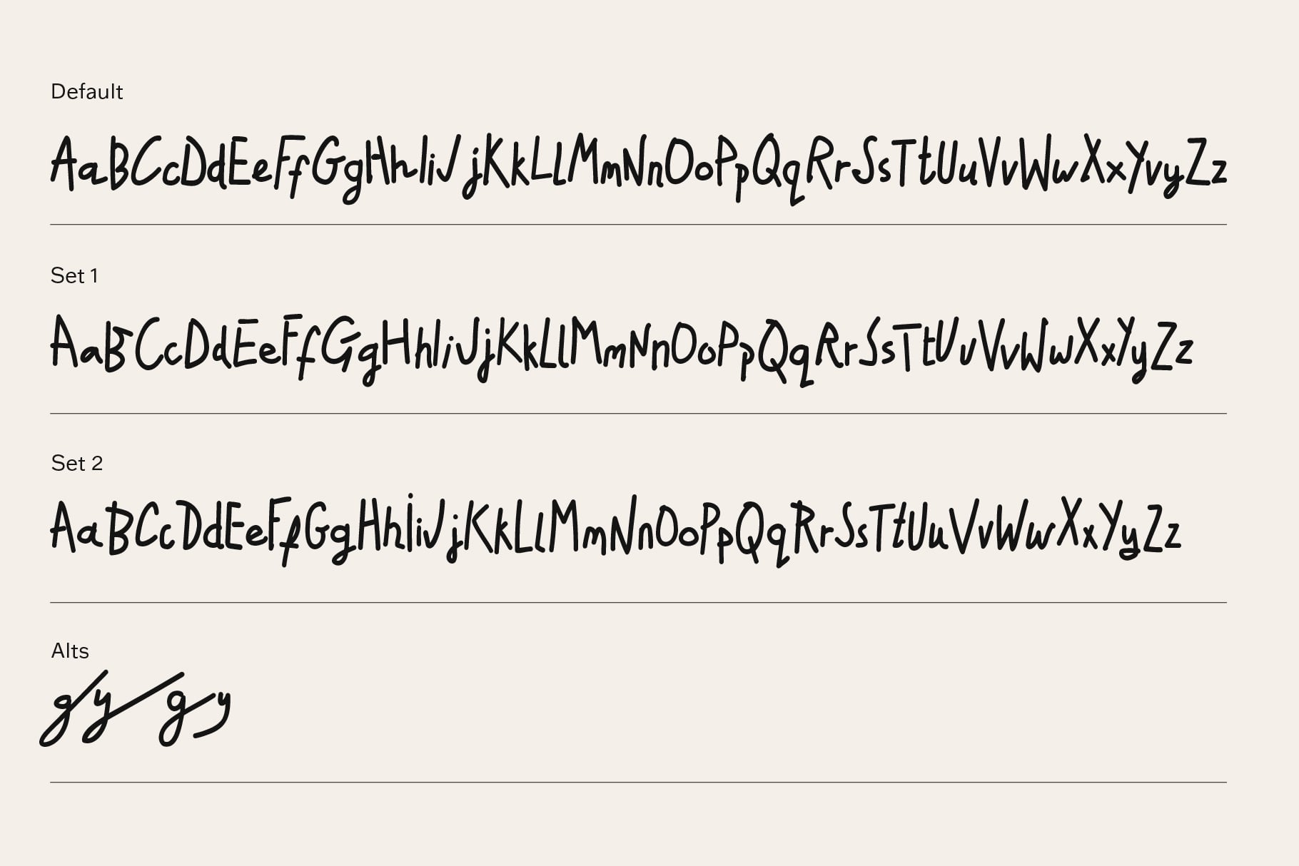 Handwritten sans serif font with three weight variations plus alternate characters shown
