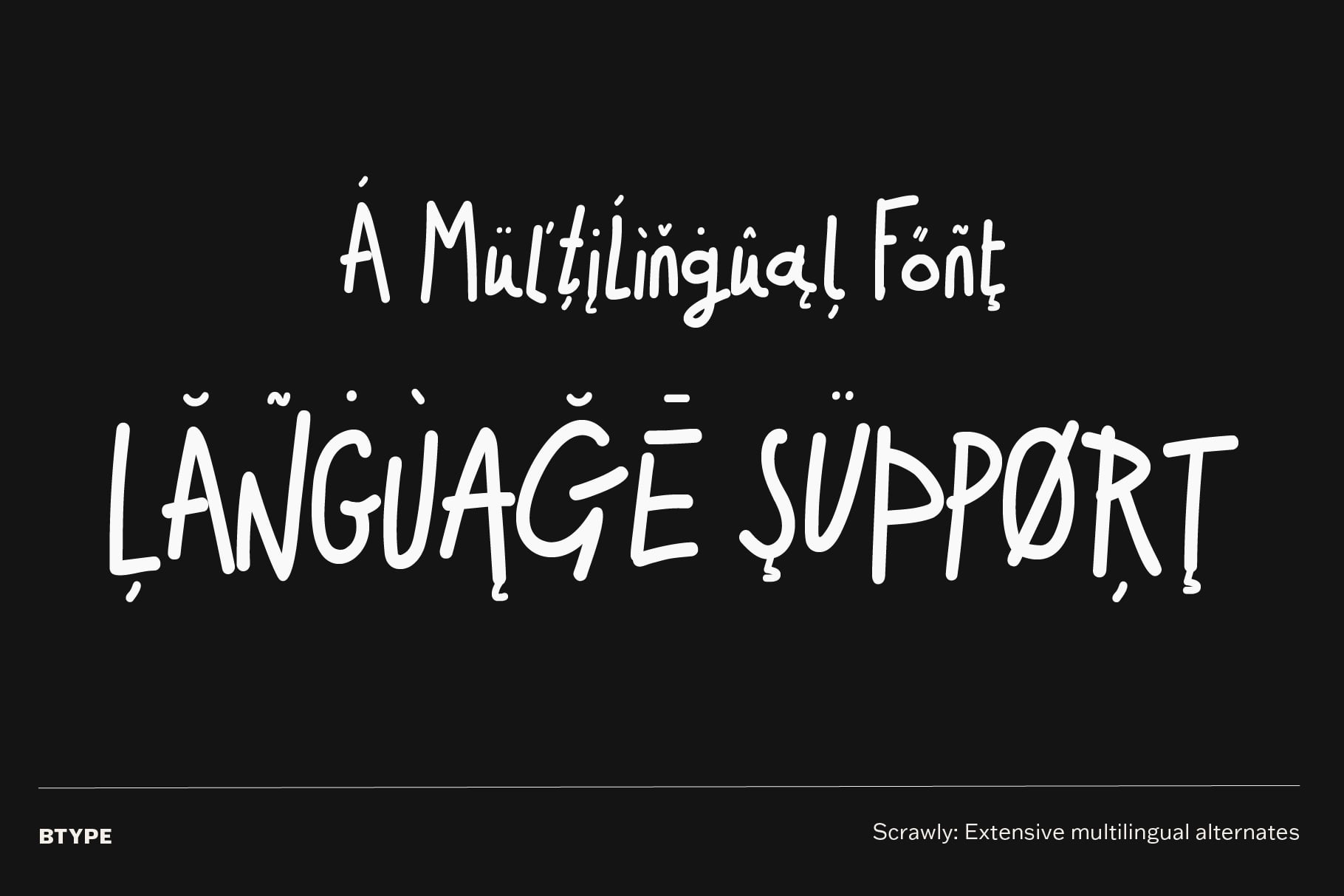 Scrawly handwritten font with multilingual character support on black background