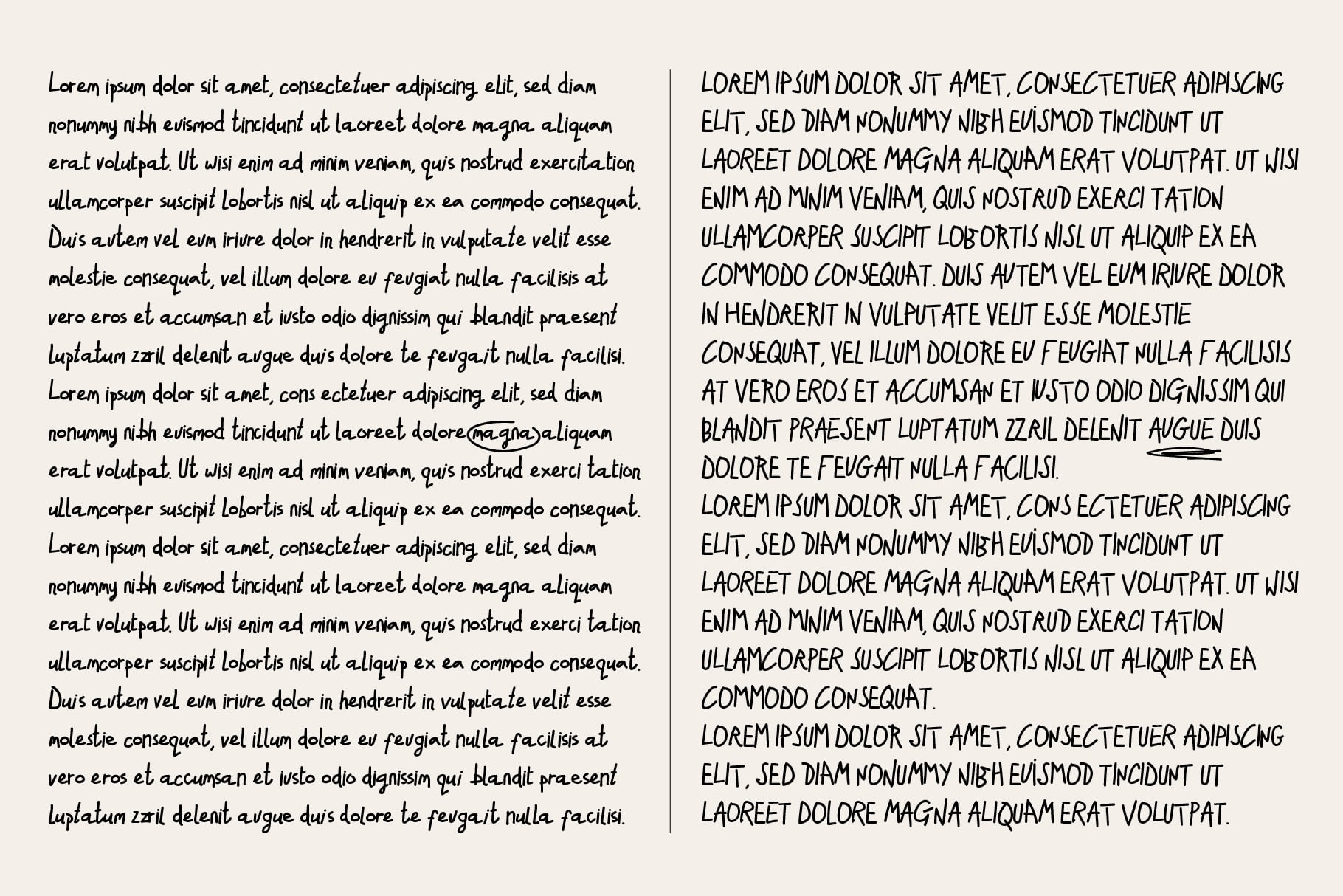 Two pages of handwritten Lorem ipsum text in contrasting styles, casual script on left with bold caps on right