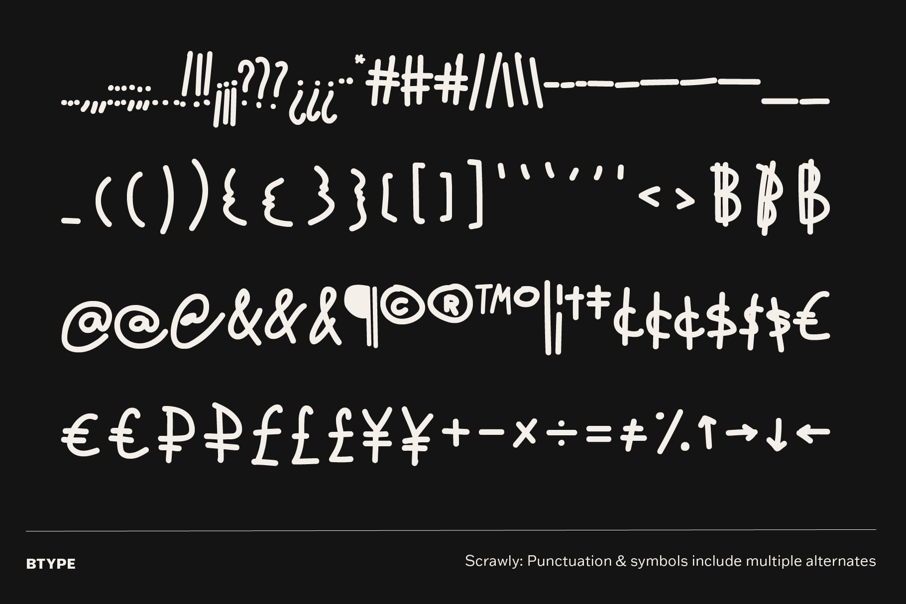 Scrawly font displaying wild punctuation marks, symbols, currency signs on black background